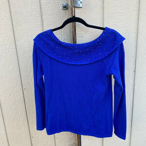 Vila Milano Blue Beaded Off the Shoulder Sweater Size Small